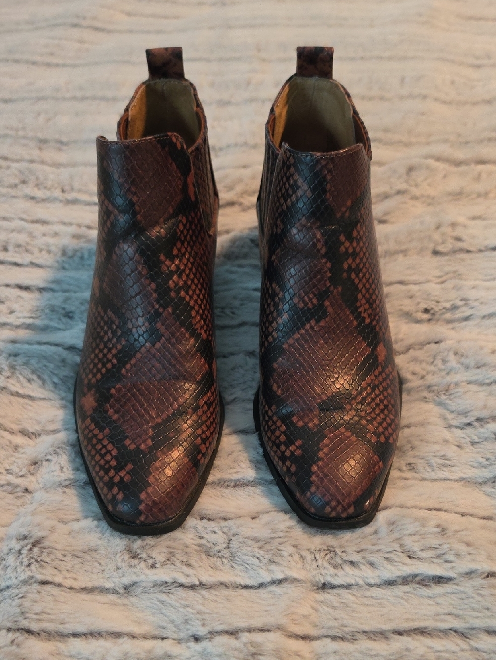 New Directions Brown Snakeskin-Pattern Ankle Booties